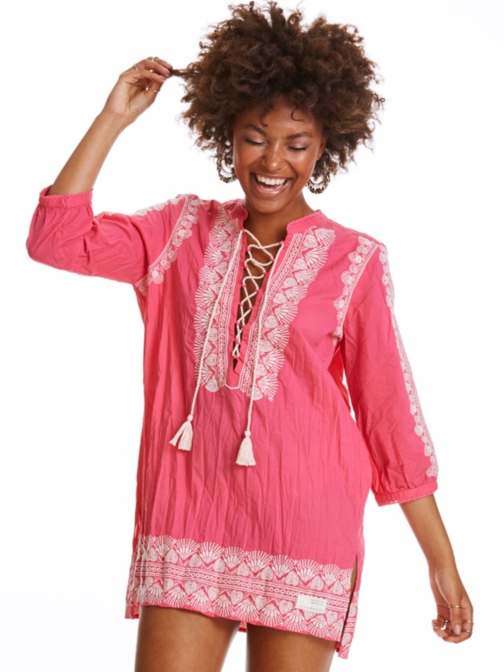Odd Molly 100% Cotton Tunic Mini Pink Embroidered 3/4 Sleeves Dress Size 3 L